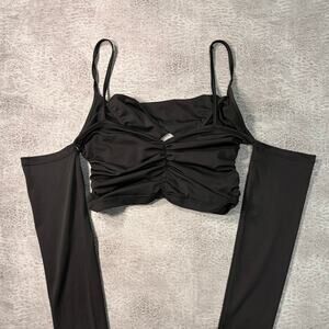 Black Ruched Crop Cold Shoulder Top